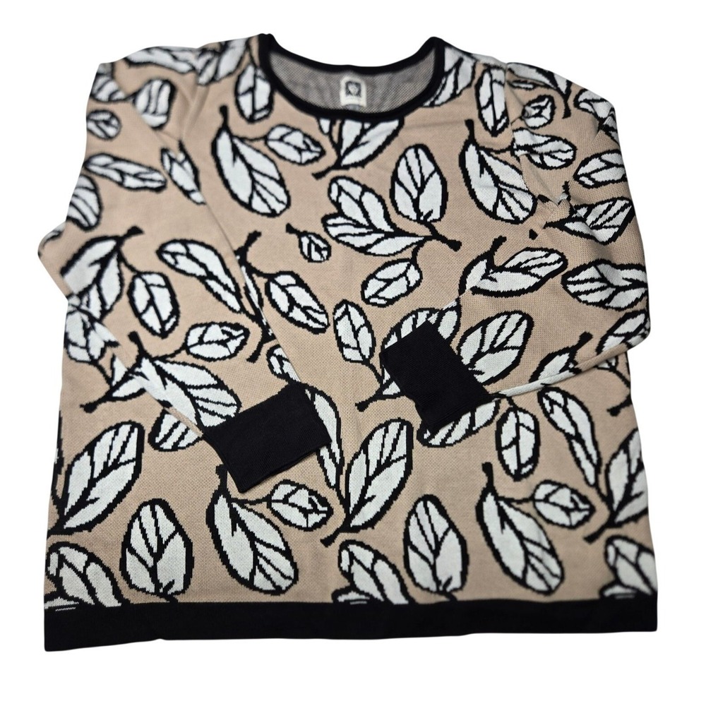 Anne Klein Womens 2X Latte Combo Leaf Intarsia Puff Sleeve Knit Sweater NWT